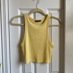 Perfect Condition High Neck Ribbed Tank From Zara, Never Worn. Soft, Cute, And Summery! Yellow Ribbed Stretch Tank Top, Yellow Stretch Zara Top, Zara Cropped Cotton Tank Top, Zara Ribbed Tank Top For Spring, Patchwork Tank Top, Zara Summer, Yellow Tank, Pink Bodycon Dresses, Floral Sleeveless Top