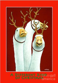 two white birds with reindeer antlers on their heads are standing next to each other