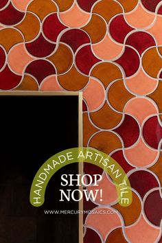 a mirror sitting on the side of a wall next to a tiled pattern with words reading handmade artisan sale shop now