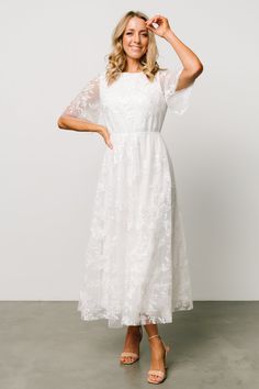 Arabella Embroidered Tulle Maxi Dress | White Bridal Fits, Modest White Dress, Long Sleeve White Dress, Bridal Shower Dresses, Classy Clothing, Dancing Dress, Tulle Maxi Dress, Tulle Material, Maxi Dress White