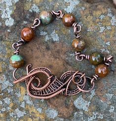 African Green Opal and Copper Bracelet - 7 1/4 Brown Copper Bracelets With Round Beads, Unique Brown Wire Wrapped Bracelets, Precious Opal, Brown Shades, Opal Beads, Rich Green, Green Opal, Copper Bracelet, Handmade Boho