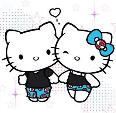 two hello kitty characters are standing next to each other with hearts on their chests and stars in the background