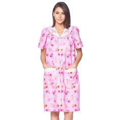 This lightweight Cute and comfortable House coat with Snaps front closure Duster for ladies from the Casual Nights Loungewear and Sleepwear robes Collection, Thin and light house robe, in beautiful feminine floral print pattern designs. this easy to wear bathrobe is made of 55% Cotton, 45% Poly woven fabric, perfect for spring, summer and all year round! The sleep dresscoat Features: short sleeves gown with full Snaps front closure for easy wearing and easy slipping on/off, flattering V-neck fro Waltz Dress, Sleep Gown, Muumuu Dress, Hospital Gown, Front House, Print Design Pattern, Dress Short Sleeve, Gowns With Sleeves, House Dress