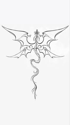 a drawing of a dragon with long wings and swirls on it's back