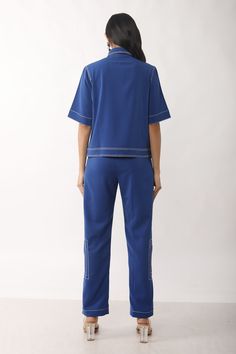 Buy Blue Crepe Solid Collared Neck Overlap Cindy Co-ord Set For Women by Veera Wear Online at Aza Fashions. Blue Workwear Sets With Long Pants, Blue Long Pants Sets For Workwear, Blue Long Pants Set For Work, Blue Work Pants With Contrast Stitching, Coord Sets, Luxury Sale, Have Metal, Contrast Piping, Co Ord Set