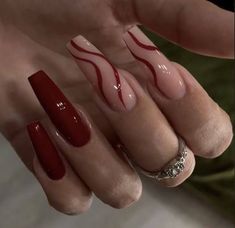 Red Nail Inspo Acrylic Coffin, Mate Red Nails Design, Red Nails Mid Length, Red Acrylics With Design, Black Valentines Day Nails Almond, Burgandy Coffin Acrylic Nails, Simple Red Nails Designs, Long Nails Inspiration Art Designs, Red Nail Styles