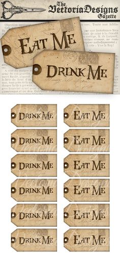 some wooden signs that say eat me drink me