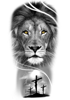 the lion and the cross are depicted in this black and white photo with yellow eyes