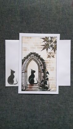 an image of a black cat sitting in front of a brick wall with a door