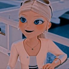 a cartoon girl with blue eyes and blonde hair is standing on a balcony looking at the camera