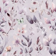 watercolor flowers and butterflies on a gray background