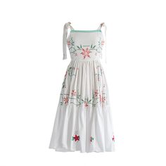 Indulge in ethereal charm with our Simple Cross-Stitch Daisy Flare Midi Dress from Sugar Cream Vintage. Fashioned from upcycled cotton, this midi dress features a square neckline, adjustable tie straps, and a back zipper. Delicately adorned with simple cross-stitch daisy embroidery and subtle floral detailing on a pristine white base. Finished with a tiered flared hemline and adjustable bow tie at back. Care: Cool machine wash. Dry at a lower heat and press with a medium iron.  Condition: Embrace the distinctive charm of this upcycled treasure, where imperfections are unique features. Delight in the occasional loose thread or subtle discoloration, each adding to the character and history of this special garment. Stitch Dress Design, Cross Stitch Dress, Tie Strap Midi Dress, Stitch Dress, Daisy Embroidery, Flare Midi Dress, Simple Cross, Summer Capsule Wardrobe, Vintage Tablecloths