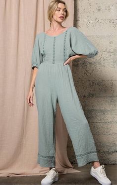 Sloan Gauze Jumpsuit - Lisalee Collections Gauze Jumpsuit, Double Gauze Fabric, Gauze Fabric, Double Gauze, Lace Insert, Tie Backs, Tie Back, Round Neckline, Puff Sleeve