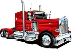 a red semi truck with chrome rims and flatbed tires is shown in this drawing