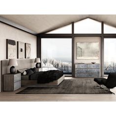 a modern bedroom with large windows overlooking the snow covered mountains and trees is shown in black and white