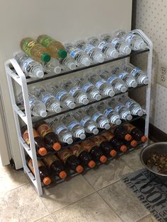 a metal rack filled with lots of bottles