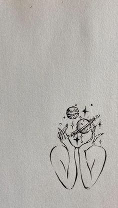 a drawing of a person holding an object in their hand with stars and planets on it