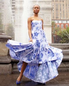 blue and white floral print gown Spring Strapless Gown With Lined Bodice, Spring Silk Gown With Sweetheart Neckline, Spring Silk Gown With Fitted Bodice, Spring Gala Gown With Boned Bodice, Formal Strapless Gown With Floral Print, Spring Silk Strapless Dress With Pleated Bodice, Strapless Floral Print Dress With Fitted Bodice, Strapless Gown With Floral Print And Fitted Bodice, Strapless Floral Print Gown With Fitted Bodice