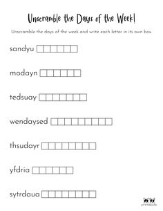 a worksheet with the words unscrable and days of the week