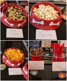 four pictures show different types of snacks in red bowls and on the table is a sign that says pup - corn