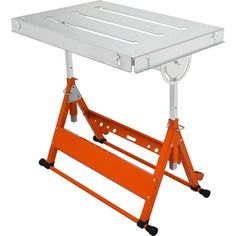 an orange work stand with wheels on it