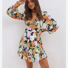 Beautiful Floral Long Sleeve Dress. Orange Long Sleeve Mini Dress For Brunch, Orange Long Sleeve Mini Dress For Spring, Spring Orange Mini Dress With Floral Print, Orange Floral Print Mini Dress For Date Night, Orange Mini Dress With Floral Print For Date Night, Orange Floral Print Mini Dress, Floral Long Sleeve Dress, Long Sleeve Floral Dress, Black Orange