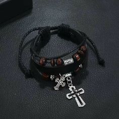 Mens Womens Vintage Multi-layer Cross Pendant Leather Beaded Bracelet Adjustable | eBay Goddess Of Fortune, Leather Beaded Bracelet, Layered Crosses, Woven Wrap, Natural Stones Necklace, Retro Jewelry, Bracelet Online, Cross Bracelet, Hand Jewelry