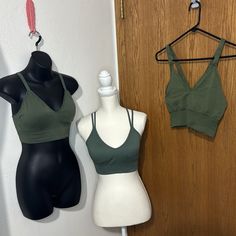 3 Pc Green Bralette Bundle Includes Never Worn Free People Movement Good Karma Moss Lined Bralette/Crop Top(L/Xl), Tried On & Washed Once Aerie Olive Ribbed Strappy Back Padded Bralette(L), And Never Worn Sofia Intimates Olive Green Bralette W/ Convertible & Adjustable Straps Also Has Removable Padding(L). Very Stretchy And Soft. Details And Measurements In Pics. Green Bralette, Padded Bralette, Bralette Crop Top, Free People Intimates, Free People Movement, Sports Bras, Women's Intimates, Sofia, Bralette