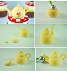 several pictures of teapots and cupcakes being made with yellow fondant