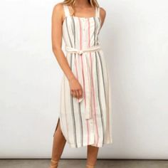 Nwt Size L Lined Buttons 2 Side Slits Tie Belt 70% Rayon/30% Linen Beautiful Summer Dress With Pink Stripes Sleeveless Beige Maxi Dress With Side Slits, Sleeveless Summer Midi Dress With Side Slits, Casual Sleeveless Midi Dress For Brunch, Sleeveless Summer Dresses With Side Slits, Beige Summer Dress With Side Slits, Sleeveless Midi Dress With Side Slits For Vacation, Beige Summer Dresses With Side Slits, Casual Sleeveless Midi Dress With Side Slits, Casual Midi Dress With Side Slits For Beach