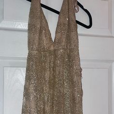 Backless Nwt Glittery Gold White Fox Boutique Gown. Size M Couldn’t Find A Stock Photo Of It So I Put The Long Sleeve Version Of It. It Has A Halter Neck That You Tie. And A Slip Dress Is Attached Underneath Backless Gown, White Fox Boutique, Dresses Backless, White Fox, Boutique Dresses, Halter Neck, Slip Dress, White Dress, Fox