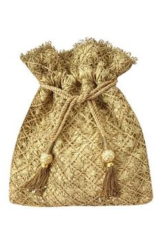 a gold bag with tassels on it