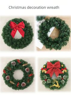 four christmas wreaths with red bows and pine cones on them, all decorated in different styles