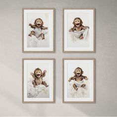 three framed pictures of monkeys with their mouths open and hands in the air, hanging on a wall