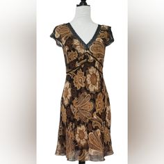 Size 6 Petite Neutral Color Paisley Print Dress. Lined. Side Zipper And Lace Detail On The Sleeves And Around The Neckline. New With Tags Older Item From The Early To Mid 2000's Formal Brown V-neck Mini Dress, Casual Brown Dress For Evening, Elegant Brown Mini Dress With V-neck, Casual Brown Evening Dress, Elegant Brown V-neck Mini Dress, Short Sleeve Brown Dress For Evening, Brown Short Sleeve Dress For Evening, Elegant Brown Mini Dress With Short Sleeves, Brown V-neck Mini Dress For Formal Occasions