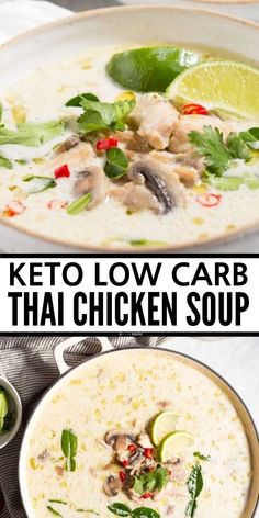 keto low carb thai chicken soup in a white bowl with limes on the side