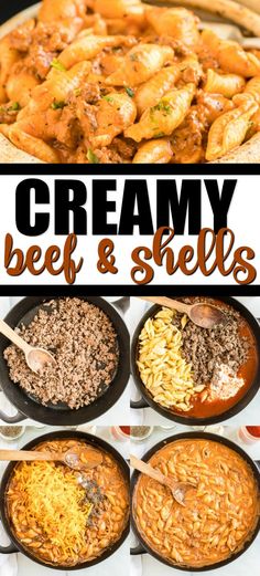 creamy beef and shells in skillets with text overlay that says creamy beef and shells