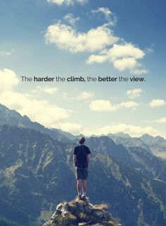 a man standing on top of a mountain looking out at the mountains with a quote above him