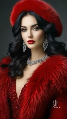 a woman with long black hair wearing a red fur coat