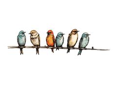 five birds are sitting on a wire together