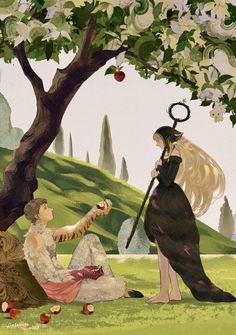 two women are sitting under an apple tree