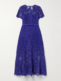 Self-Portrait's midi dress is made from guipure lace in a bold indigo shade - the ornate fabric is a signature throughout the label's romantic collections. Designed for a figure-skimming fit, it's underpinned with tonal crepe for coverage and has a slim belt to cinch the shape. Blue Lace Outfit, Ornate Fabric, Royal Blue Lace, Dress Flats, Royal Outfits, Lace Outfit, Exclusive Dress, Guipure Lace, Red Midi Dress