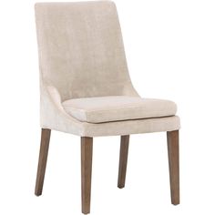 a beige upholstered chair with wooden legs and a white cushion on the back