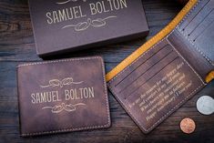 "Personalized mens wallet - Custom engraved wallet Why is it worth choosing a bifold wallet for a man for a gift? What does the name mean, personalization on the wallet? And how does this affect the perception of a person by other people? More on this below. WHAT DO YOU GET PAYING THIS LISTING, DIMENSIONS: Laser engraved slip bi-fold men's wallet. Optional personalized gift box. (use drop down menu) Optional inside engraving. (use drop down menu) Colors: - Rustic/Gold Engraving - Black/Silver En Mens Slim Wallet, Custom Wallets, Personalized Mens Wallet, Bifold Wallet Men, Slim Wallet Men, Engraved Wallet, Slim Leather Wallet, Wallet For Men, Unique Gifts For Men