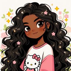 an illustration of a girl with long black hair and a hello kitty t - shirt