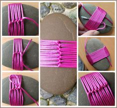 the steps to make a ribbon bracelet with pink yarn and scissors on top of rocks