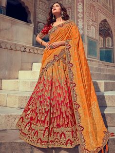 Red Silk Partywear Lehenga Choli - Inddus.com Yellow Combination, Latest Indian Saree, Indian Lehenga Choli, Yellow Saree, Utsav Fashion, Silk Saree Blouse, Indian Lehenga, Ghagra Choli, Designer Sarees Online