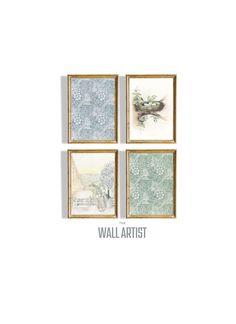 four framed art pieces with the words wall artist on them in blue and green colors