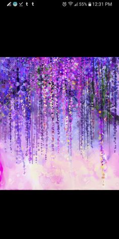 an abstract painting with purple and pink flowers hanging from it's sides, on a black background