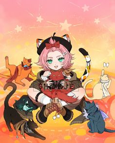 an anime character sitting on the ground surrounded by cats and kittens, with her arms around her chest